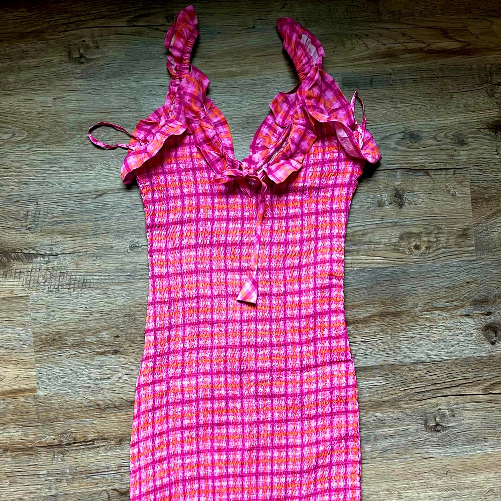 Pink and orange gingham body con ruffle dress size small